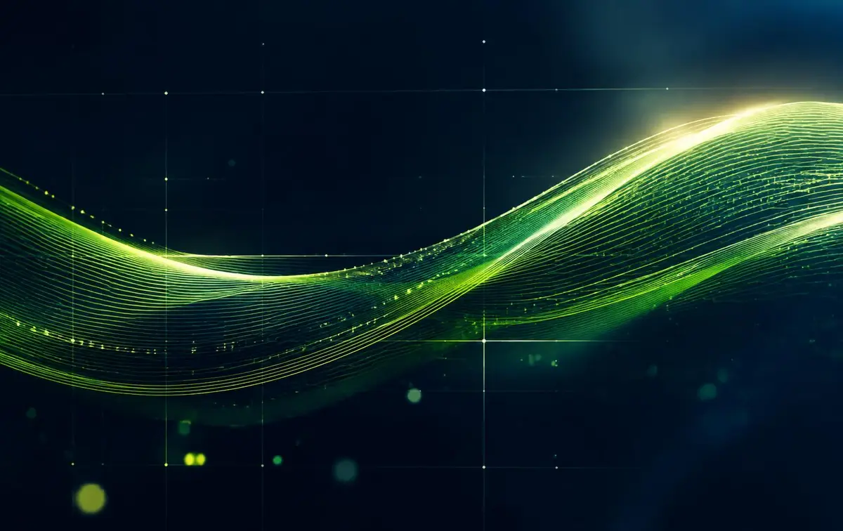 Abstract flowing lime-green data streams over a dark navy grid, representing connected technology