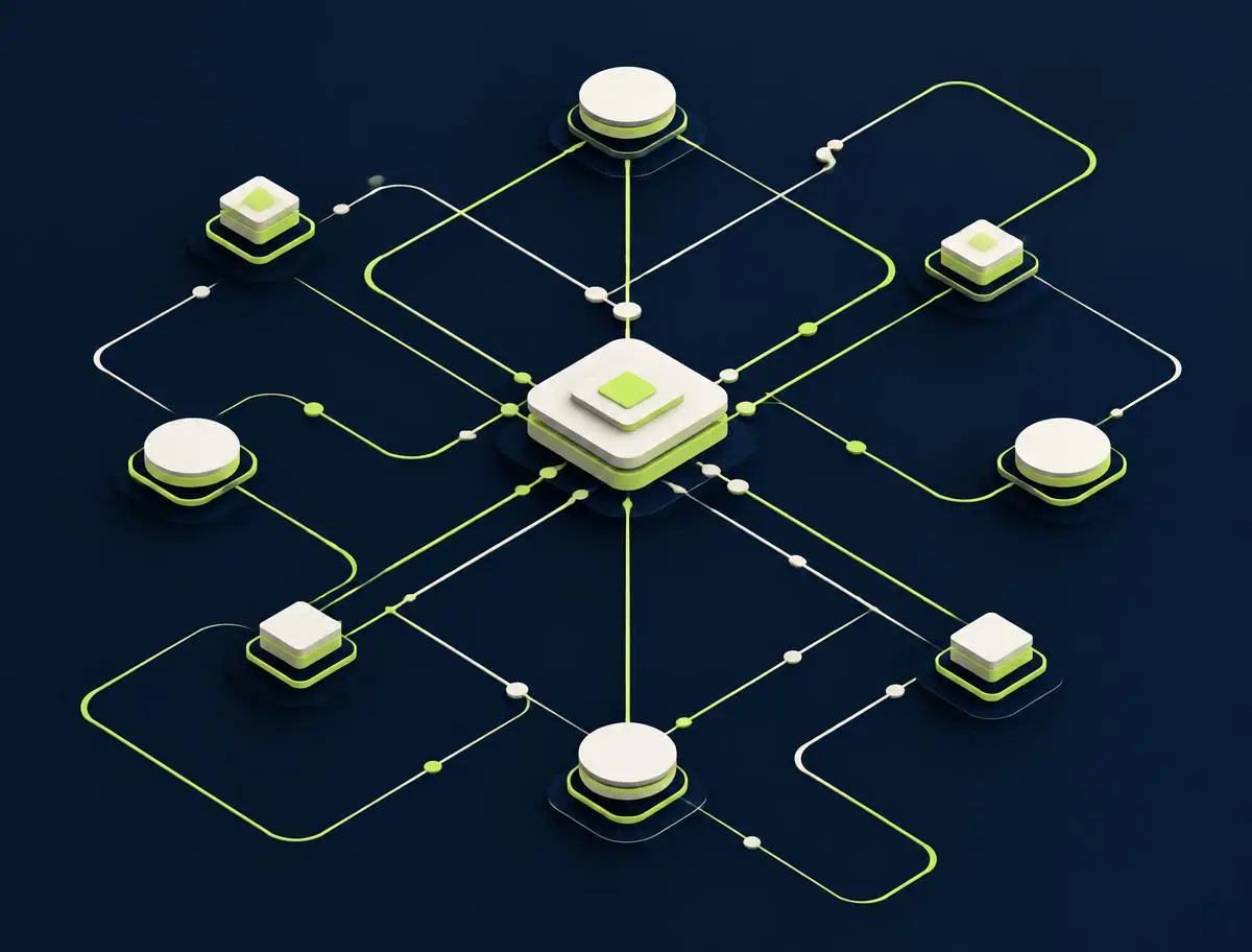 Isometric illustration of ivory system nodes linked by lime-green connection lines on navy